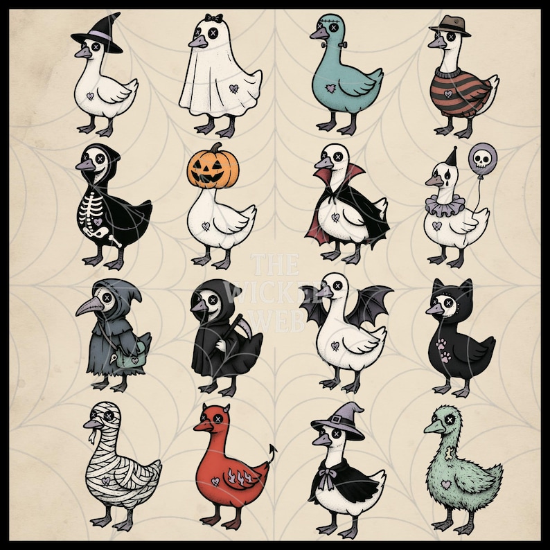 Paquete de imágenes prediseñadas de gansos espeluznantes: 16 imágenes PNG listas para usar como pegatinas con gansos disfrazados de fantasmas, sombreros de bruja, calabazas y esqueletos. imagen 2