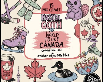 Pastel Goth Canada Clipart PNG Bundle, Creepy Cute Canadian Sticker PNGs, Spooky Maple Leaf, Beaver, Goose, Toronto, Cricut Print Then Cut