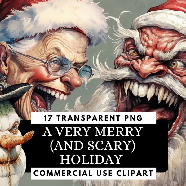 Christmas Clipart Bundle - 17 scary festive holiday transparent background PNGs for books, xmas cards, digital planners, and web design