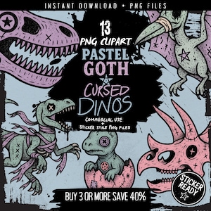 Pastel Goth Dinosaur Clipart PNGs – 13 Haunted Kawaii Dino Familiar Stickers for Witchcore Journaling, Digital Planners & Horror Scrapbooks