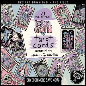 May include: A collection of 23 pastel goth tarot card PNG clipart files featuring whimsical illustrations of skeletons, creatures, and occult symbols in soft pink, purple, and teal tones. The text reads Pastel Goth tarot cards, commercial use, and sticker style.
