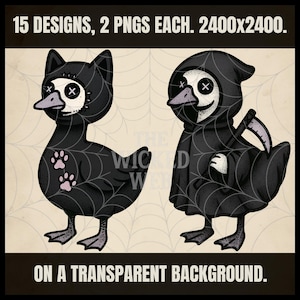 Puede incluir: Dos ilustraciones de patos negros con disfraces de Halloween. Uno es un gato, el otro es la muerte. El pato gato tiene huellas de patas y el pato segador tiene una guada&ntilde;a. Texto: 15 dise&ntilde;os, 2 PNG cada uno. 2400x2400. Sobre fondo transparente.