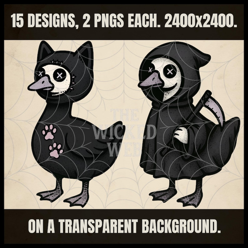 Puede incluir: Dos ilustraciones de patos negros con disfraces de Halloween. Uno es un gato, el otro es la muerte. El pato gato tiene huellas de patas y el pato segador tiene una guada&ntilde;a. Texto: 15 dise&ntilde;os, 2 PNG cada uno. 2400x2400. Sobre fondo transparente.