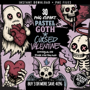 Cursed Valentine Pastel Goth Clipart – 30 Haunted Love PNGs for Stickers, Anti Valentine Crafts, Digital Scrapbooking, Gothic Journaling