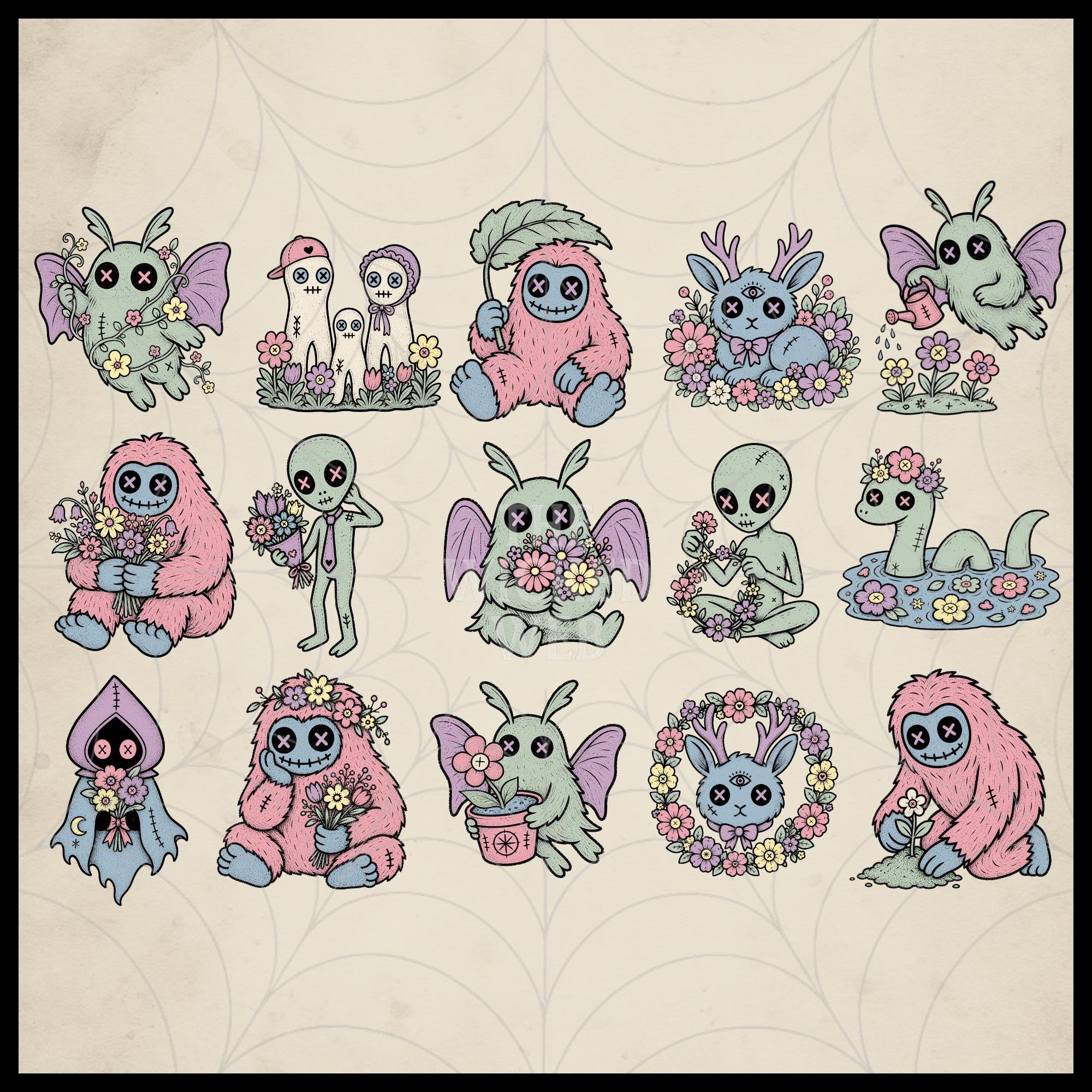Pastel Goth Spring Floral Cryptid Clipart – Creepy Cute Mothman, Aliens ...