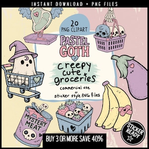 Creepy Cute Food Clipart Bundle – 20 Haunted Kawaii Food PNGs: Bone Hurting Juice, Cursed Cheese, Emo Eggplant, Mystery Meat, & Sad Produce