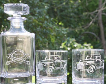 Vintage Pickup Truck & Garage Whiskey Decanter and Glass Set