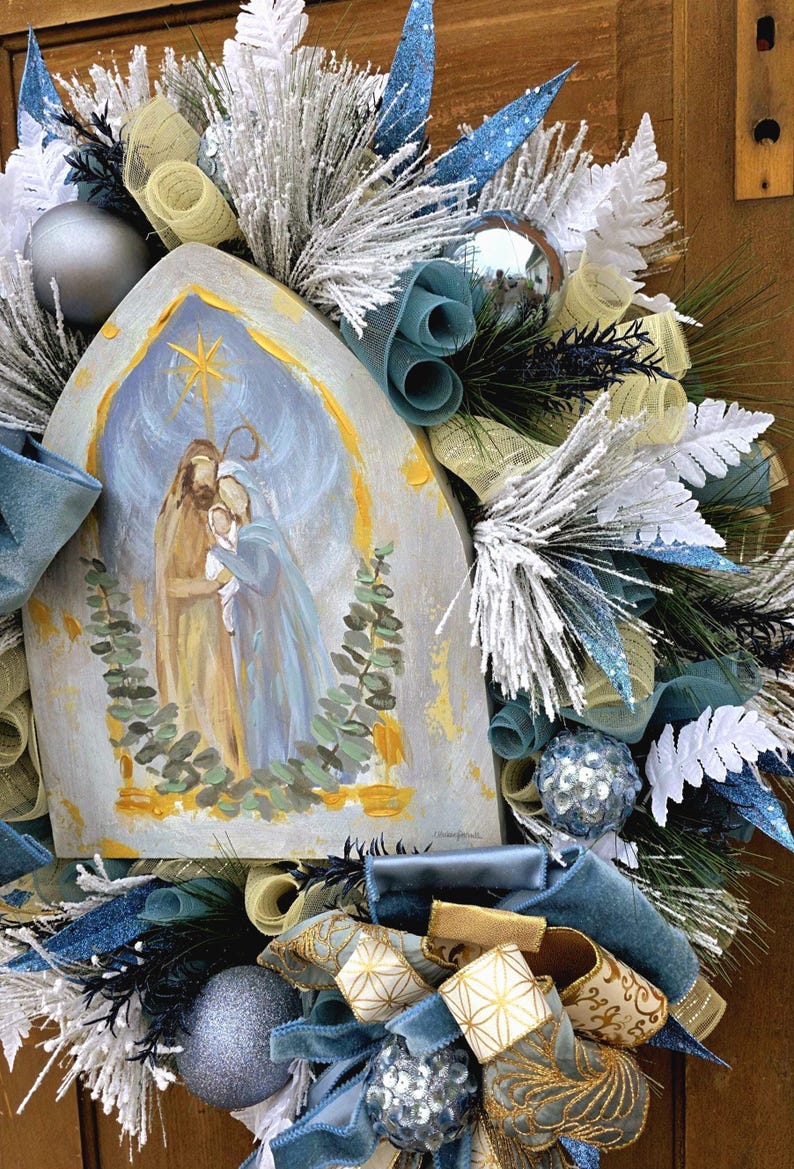 Heavenly Night Nativity Wreath With Smoke Blue and Gold Ribbons and ...