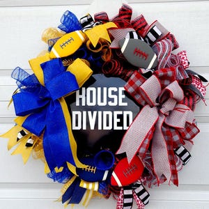 House Divided Football Wreath with Red and Grey one side and Blue and Gold on the other.  Perfect for the Divided House.