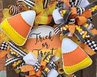 Candy Corn Halloween Wreath – Handmade Mesh & Ribbon Door Décor