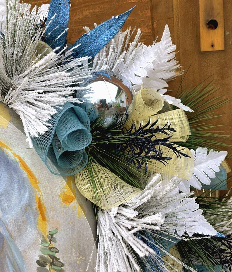 Heavenly Night Nativity Wreath With Smoke Blue and Gold Ribbons and ...