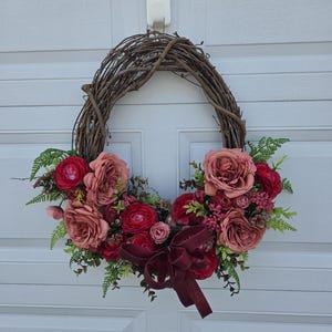 Blush & Burgundy Garden Oval Wreath – Romantic Everyday Floral Door Decor with Velvet Bow