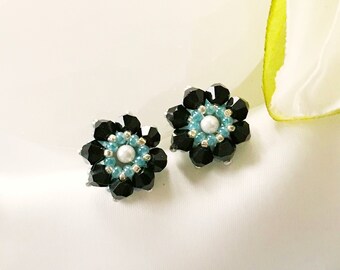 Earrings in black crystal zircons, shell pearl and micro glass pearls | Handmade | Gift for her