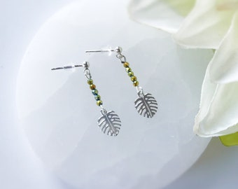 Sterling Silver Earrings with ''Monstera'' Charm and Emerald Spinel Stone | Handmade earrings