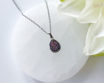 Stainless steel necklace with druzy agate charm | Handmade necklace | Gift for her | Birthday present