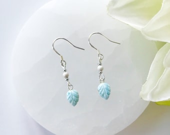 Sterling silver and larimar stone leaf charm earrings | Handmade earrings | Gift for her