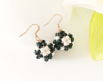 Earrings in black crystal zircons, shell pearls and micro glass pearls | Handmade | Gift for her