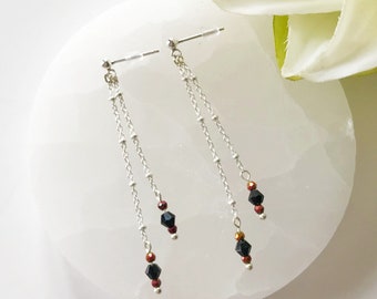 Sterling Silver Earrings with Black Crystal Beads and Burgundy Spinel Stone | Handmade earrings