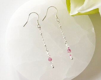 Sterling Silver Earrings with Pink Tourmaline Stones and Rainbow Crystal | Handmade earrings