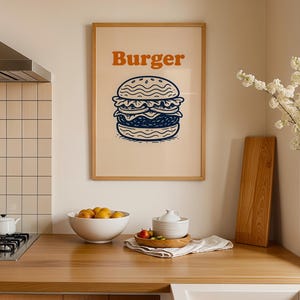 Retro Burger Art Print do wystroju kuchni i restauracji | Plakat Food Truck | Odważny kolorowy prezent w postaci fast foodu