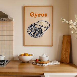 Retro greckie gyrosy sztuka wydruk do wystroju kuchni i restauracji ściennej sztuki | plakat food trucka | odważny kolorowy fast food grafika prezent