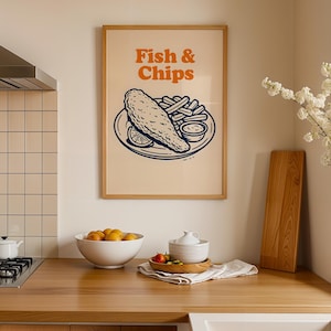 Retro British Fish and Chips Art Print do wystroju kuchni i restauracji | Plakat z food trucka | Odważny kolorowy prezent w postaci fast foodu