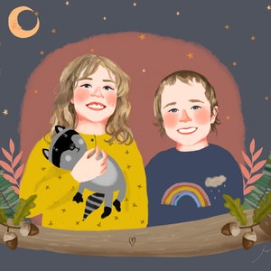 Childrens room custom portrait printable wall hanging, Personalized portrait illustration from photo, illustrated photo drawing, 2 PEOPLE
