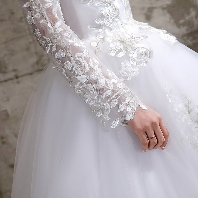 Full Sleeve Embroidered Lace Floral Wedding Dress Elegant Etsy