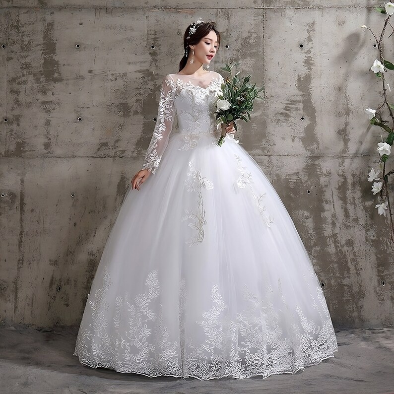 Full Sleeve Embroidered Lace Floral Wedding Dress Elegant Etsy