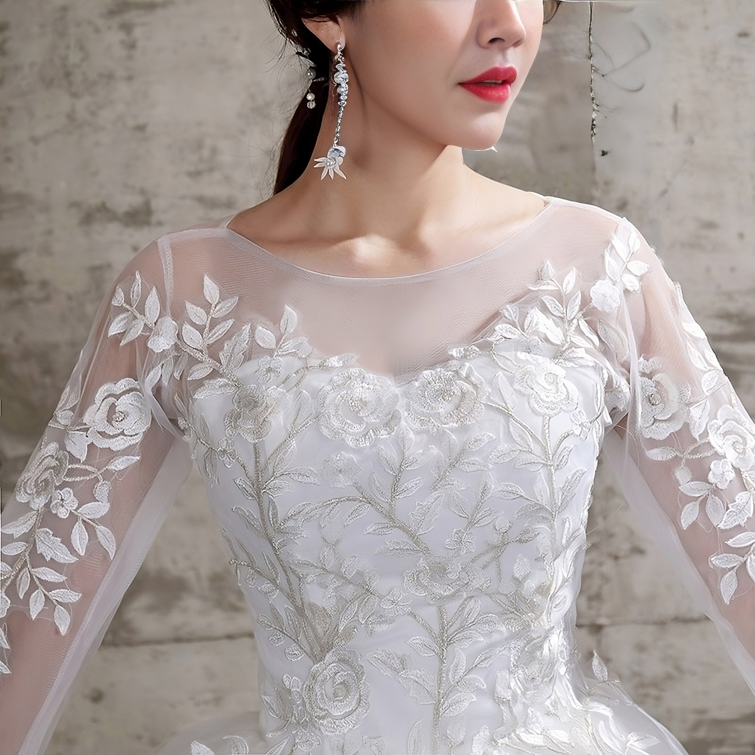 Full Sleeve Embroidered Lace Floral Wedding Dress Elegant Etsy