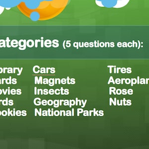Op de afbeelding: Een groene achtergrond met witte tekst die categorieën voor een quizspel opsomt. De categorieën zijn: Bibliotheek, Kaarten, Films, Vogels, Koekjes, Auto's, Magneten, Insecten, Geografie, Nationale parken, Banden, Vliegtuigen, Roos, Noten.