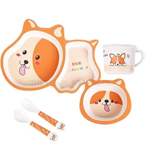 Hundeform Bambus-Baby-Geschirr-Set, umweltfreundliches Bambusfaser-Geschirr-Set zum Absetzen von Kleinkindern / Kindern, 5er-Set