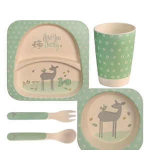 Umweltfreundliches Bambusfaser-Geschirr-Set, 5-teiliges Geschirr-Geschirr-Set zum Absetzen von Kleinkind- und Selbstfütterungs-Baby-Utensilien-Set für Baby-Kinder (DEER)