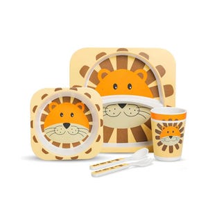 Bambus-Babygeschirr, umweltfreundliches Bambusfaser-Geschirrset für die Entwöhnung von Kleinkindern, 5-teilig, mehrfarbig - Cartoon - Lion