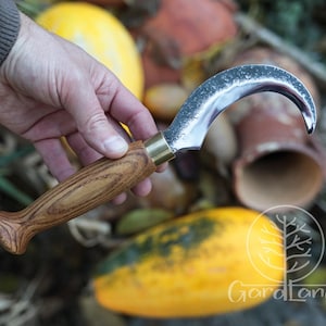 May include: A curved harvesting knife with a silver blade and a wooden handle. The handle has brass accents and a light brown wood grain. The crescent-shaped blade is designed for harvesting. The knife is shown against a blurred background.