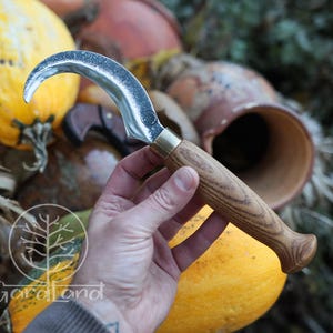 Puede incluir: Un cuchillo de cosecha curvo con una hoja plateada y un mango de madera. El cuchillo tiene una virola de lat&oacute;n y se sostiene en una mano. Las calabazas y las calabazas est&aacute;n en el fondo. El cuchillo probablemente se utiliza para la cosecha o la jardiner&iacute;a.