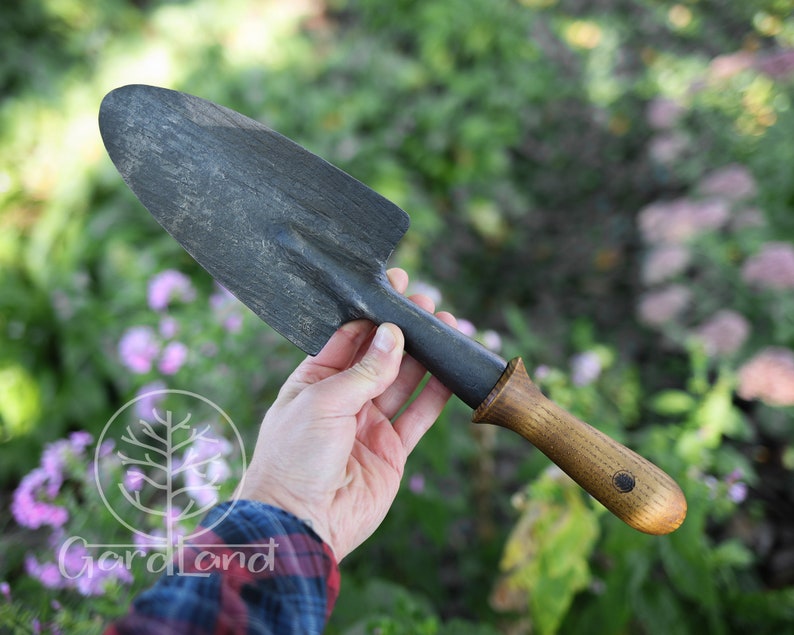 May include: A black gardening hand trowel with a wooden handle. The handle has a dark brown finish and a circular metal accent.