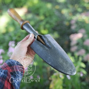 May include: A hand holds a gardening tool with a wooden handle and a metal blade. The blade is slightly curved and has a pointed tip. The tool is used for digging and planting.