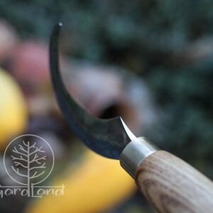 Puede incluir: Primer plano de un cuchillo de hoja curva de acero inoxidable con mango de madera. La hoja tiene una punta afilada y un borde curvo. El mango es de color marr&oacute;n claro. El cuchillo est&aacute; dise&ntilde;ado para tareas de corte detalladas.
