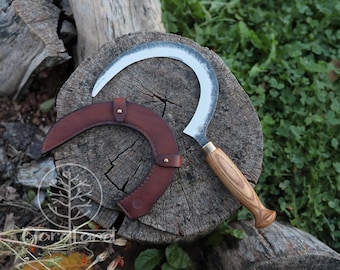 Guadaña de jardín forjada a mano / Herramienta tradicional para cortar hierba y maleza / Herramienta de cosecha rústica hecha por un herrero, hoz de jardín