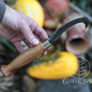 Puede incluir: Una hoja curva de acero inoxidable con un mango de madera y una f&eacute;rula de lat&oacute;n. El mango es de madera marr&oacute;n claro. La herramienta est&aacute; dise&ntilde;ada para la cosecha y la jardiner&iacute;a. El fondo incluye calabazas amarillas y follaje.