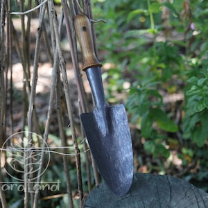 May include: A small, black gardening trowel with a wooden handle. The handle has a brass rivet and a dark brown finish. The trowel is resting on a wooden stump.