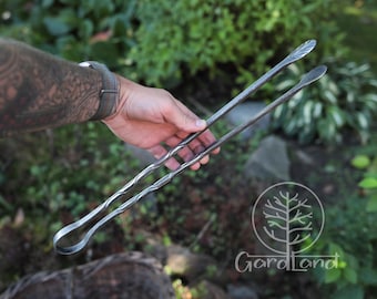 Handcrafted Meat Tongs – Forged Carbon Steel BBQ Tongs  Ash Wood Handle | Rustic Grilling Tool | Campfire, Smoker, Outdoor Cooking Accessory