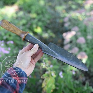 May include: A hand holds a gardening tool with a wooden handle and a black metal blade. The blade is slightly curved and has a pointed tip. The tool is likely used for digging or weeding.