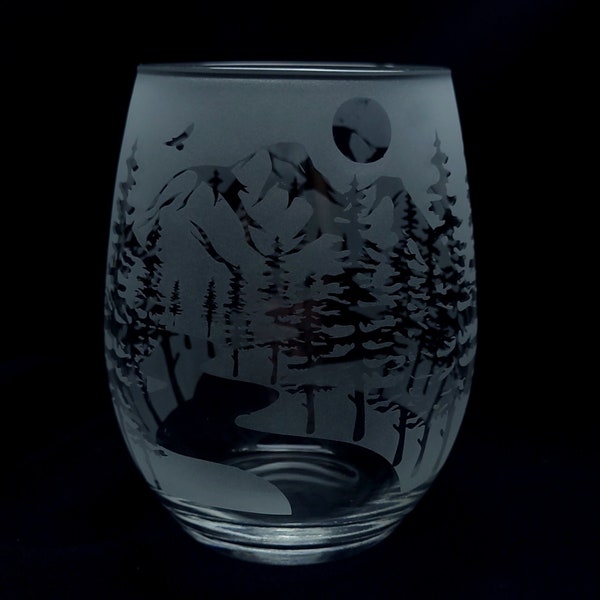 Etched Nature Lover Stemless Wine Glass, River Mountain, Etched Cocktail Glasses Birthday Hiker, Camper, Outdoorsman