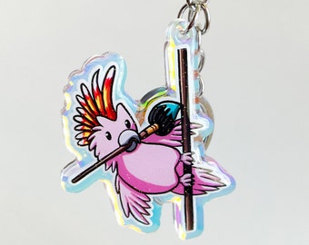Holographic Cockatoo Keychain: Acrylic Bird Charm, Artist Gift