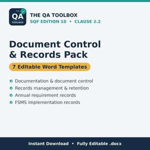 Op de afbeelding: Een digitaal documentpakket getiteld The QA Toolbox SQF Edition 10 Clause 2.2 Document Control & Records Pack. Het bevat 7 bewerkbare Word-sjablonen voor documentatie, archiefbeheer, jaarlijkse vereisten en FSMS-implementatierecords.