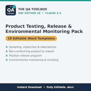 SQF Edition 10 Product Testing Templates, 18 Editable Word Documents, Environmental Monitoring Release, Clause 2.4 Audit, Download