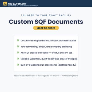May include: A white informational graphic for The QA Toolbox featuring the text Custom SQF Documents, Made to Order, and a list of services including documents mapped to processes, custom branding, SQF clauses, editable Word files, and practitioner expertise.