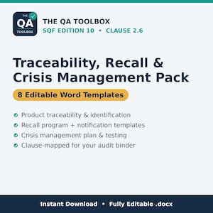 SQF Edition 10 Recall Plan Templates, 8 Editable Word Documents, Traceability Crisis Management, Clause 2.6 Audit Prep, Download